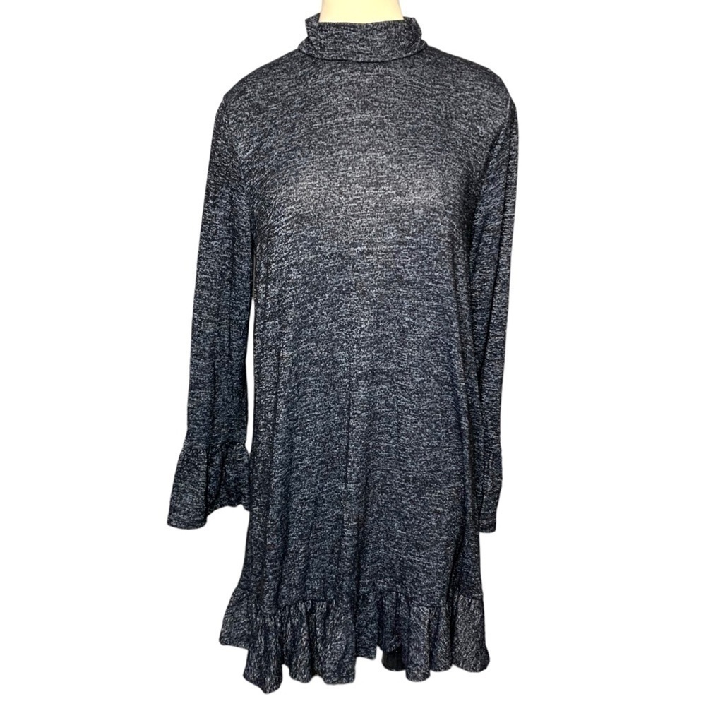 Philosophy Black Heather Midi Shirt Dress Sz S/M Jersey Knit Long Sleeve Ruffled